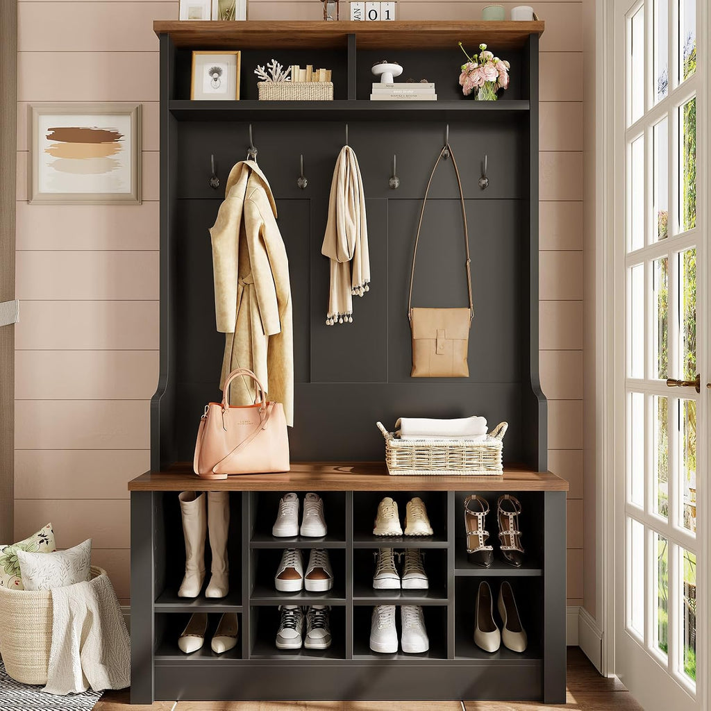 Hall Tree with Bench and Shoe Storage, 3-in-1 Entryway Bench with Coat Rack, Hall Tree with Adjustab