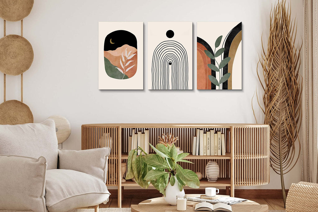 Boho Wall Art Prints Set of 3, Boho Wall Decor, Mid Century Modern Prints Sun Moon Leaf Mountain Canvas Wall