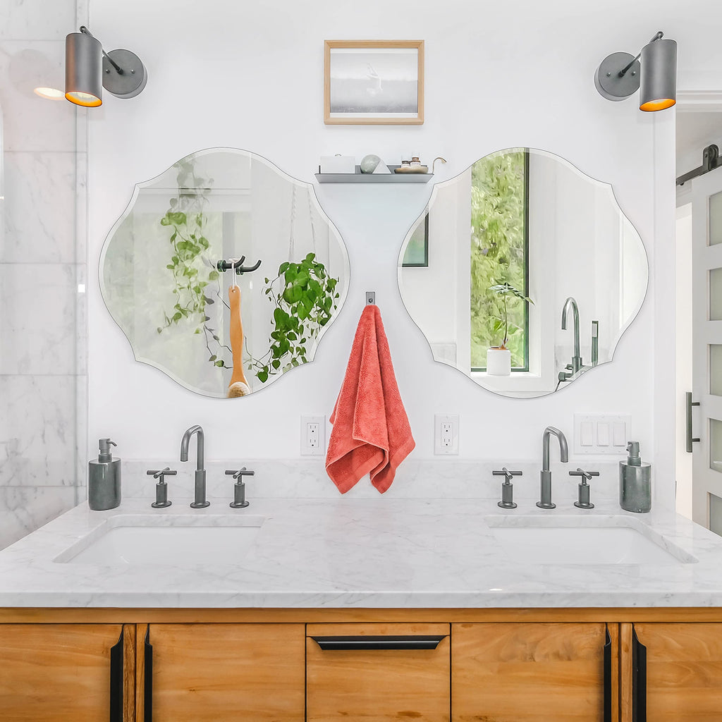 27x27 Scalloped Round Wall Mirror Beveled Frameless Mirror Silver Wall Mirror with MDF Backplane, Vanity, Bedroom or
