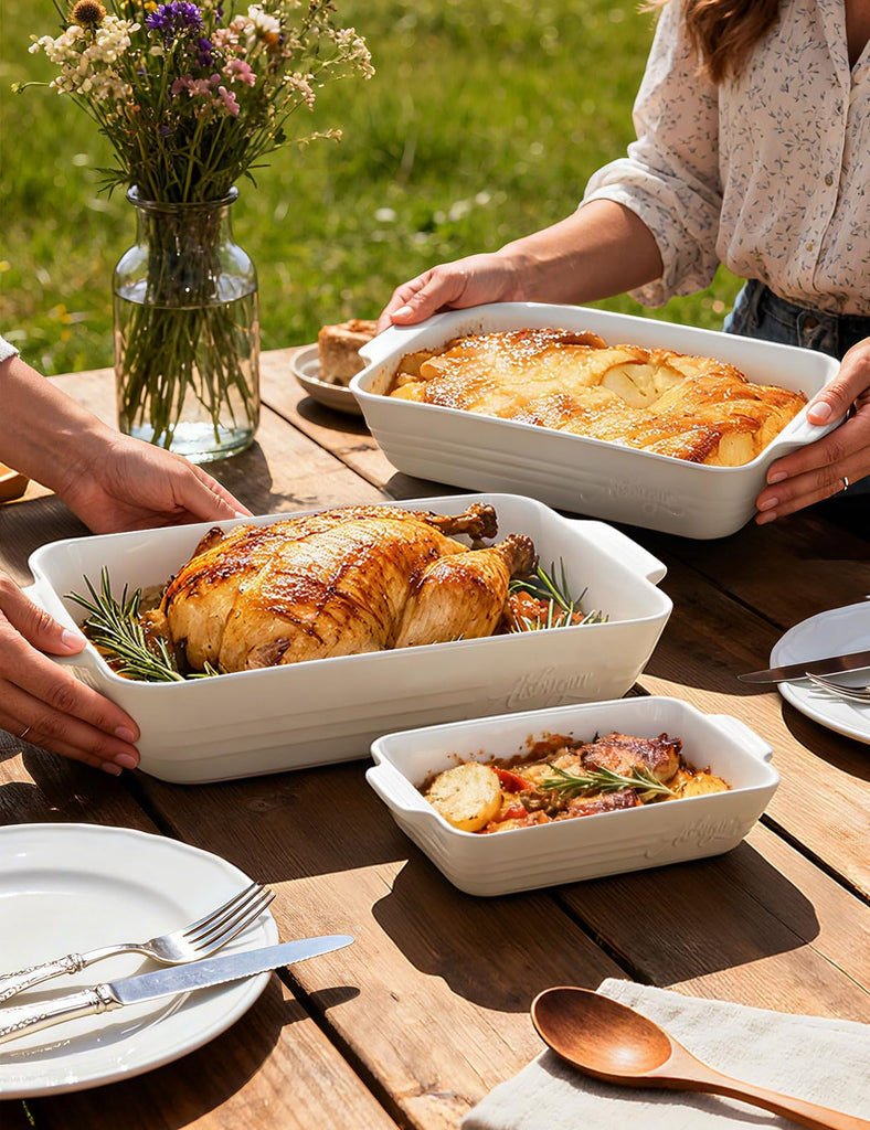 Ceramic Baking Dish Set, 3-Piece Casserole Dishes for Oven, Rectangular Baking Pans, Deep Lasagna Pans with Handles