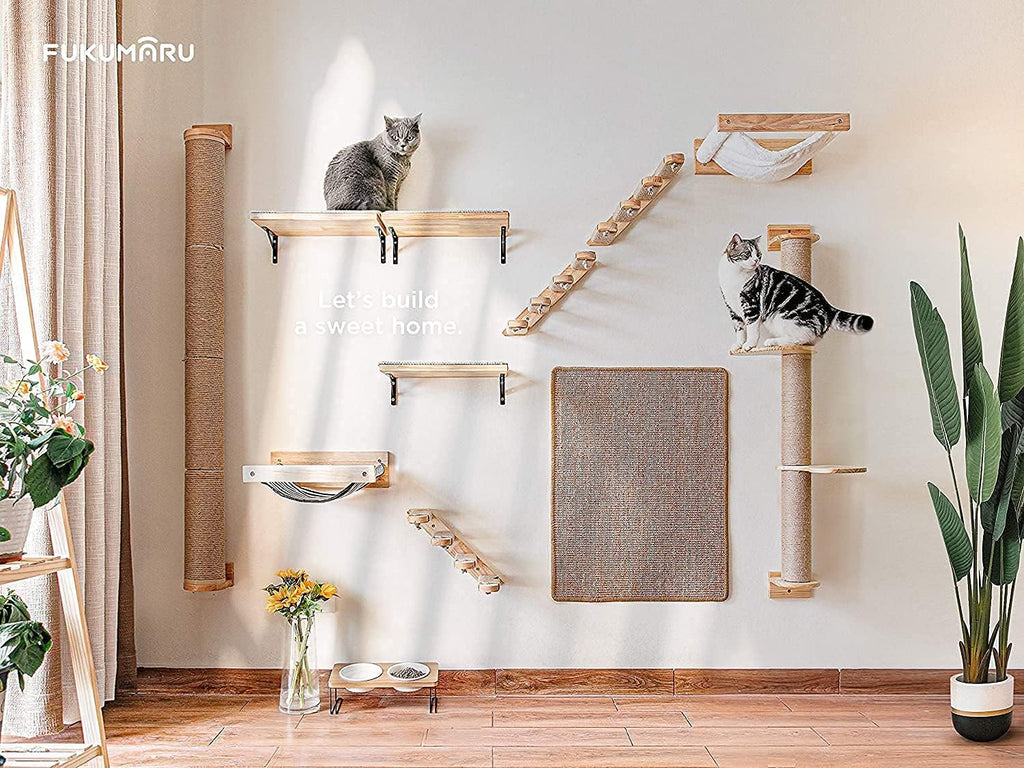 Cat Activity Tree with Scratching Posts, Wall Mounted Jute Scratcher Pine Hammock