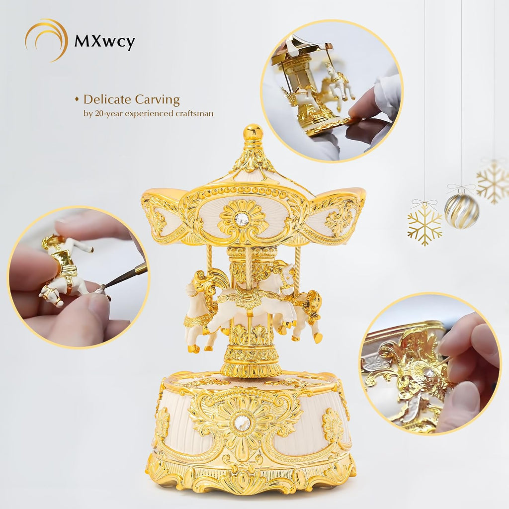 6.2" Horse Carousel Music Box, Vintage Rotating Merry Go Round with Wind Up Melody, Gold & Ivory Musical Carousel