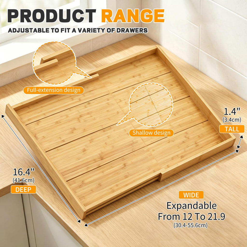 Bamboo Spice Drawer Organizer Expandable(Fits 2.6" Deep or Deeper Drawers), 4-Tier Spice Rack Drawer Insert