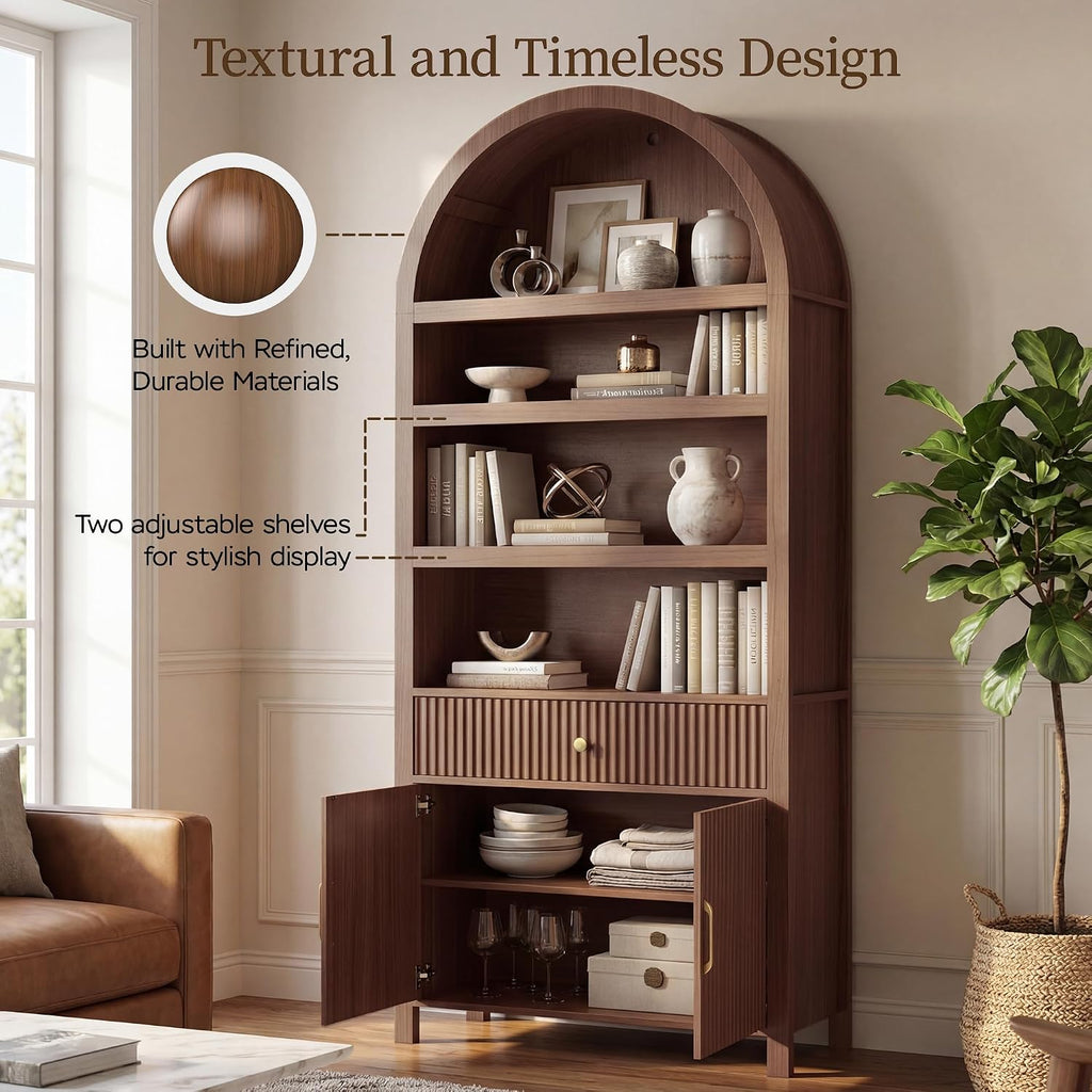 Book Shelf 70" Tall Bookcase with Drawer,7-Tier Arched Cabinet with Storage and Fluted Door,Mid-Century Modern