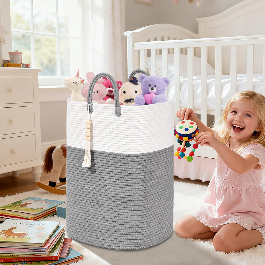 Woven Laundry Basket for Clothes, 65L Large Rectangle Laundry Hampers with Beads Tassel, Nursery Storage Basket for