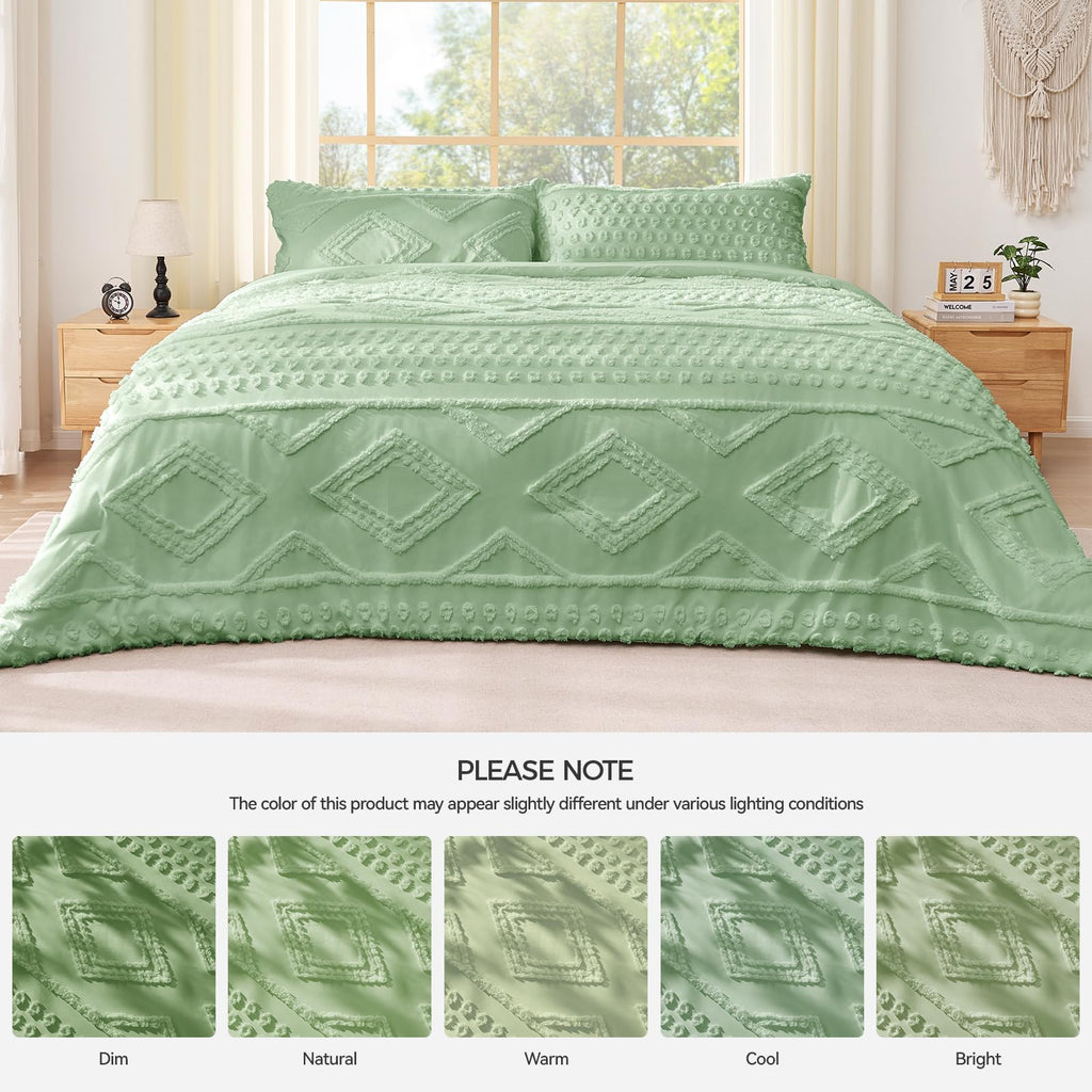 Boho King Comforter Set Sage Green with Sheets, 3 Pieces Tufted King Comforter Sets Boho Bedding Cream Soft Warm