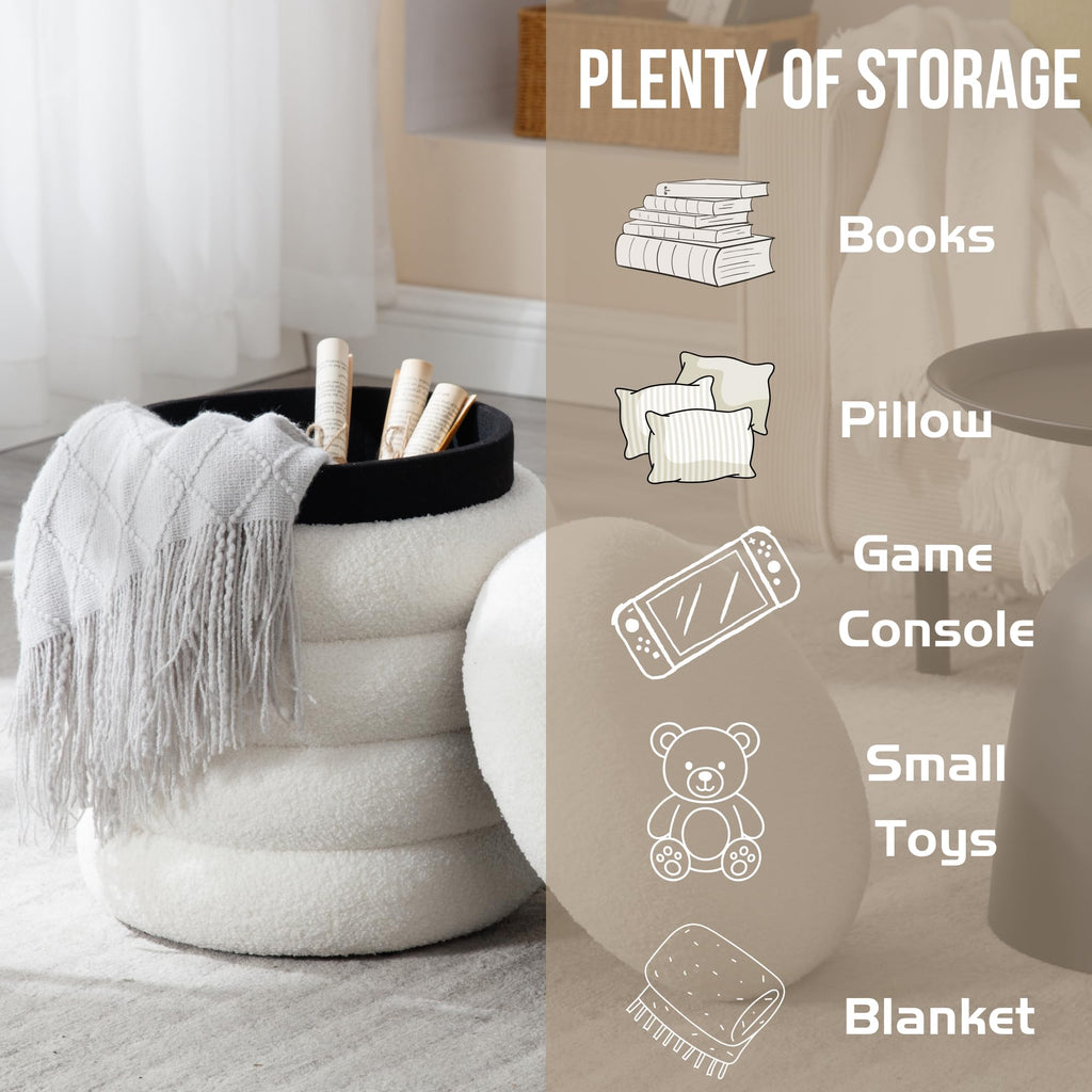 White Boucle Round Ottoman with Storage Sherpa Foot Stool