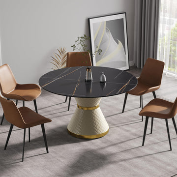 53.15" Round Dining Table, Mid Century Modern Dining Table with PU Base for 6-8 Person, Dining Room Table
