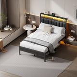 Full Bed Frame with Charging Station and LED Lights, Platform Bed with Metal Slats