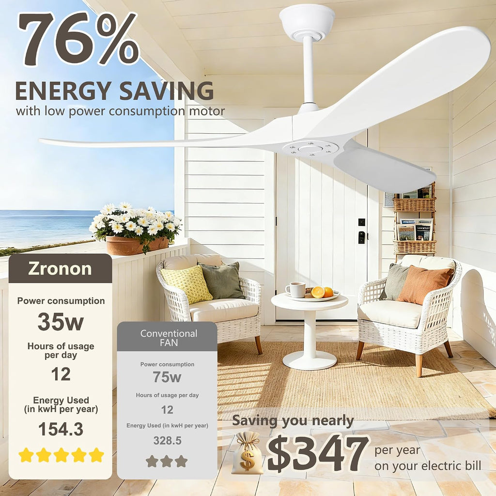 Inspired Maverick Style 52" White Ceiling Fans Without Lights, 52 Inch Outdoor Ceiling Fans no Lights, 3 Blade Solid Wood Waterproof Ceiling Fan with Remote Control for Indoor Outdoor Farmhouse/Patio Porch - White Blades A102-B0CMTJTWLL