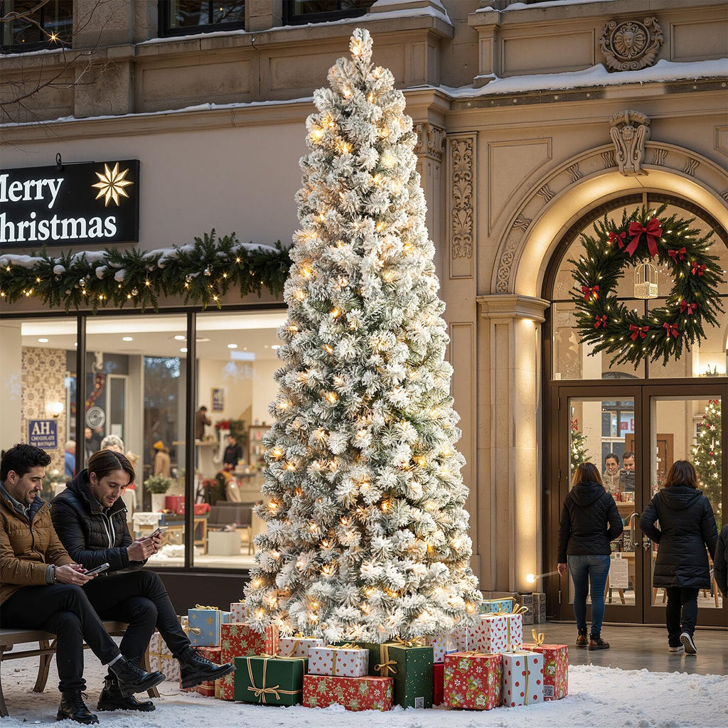 9ft Prelit Snow Flocked Artificial Slim Pencil Christmas Tree