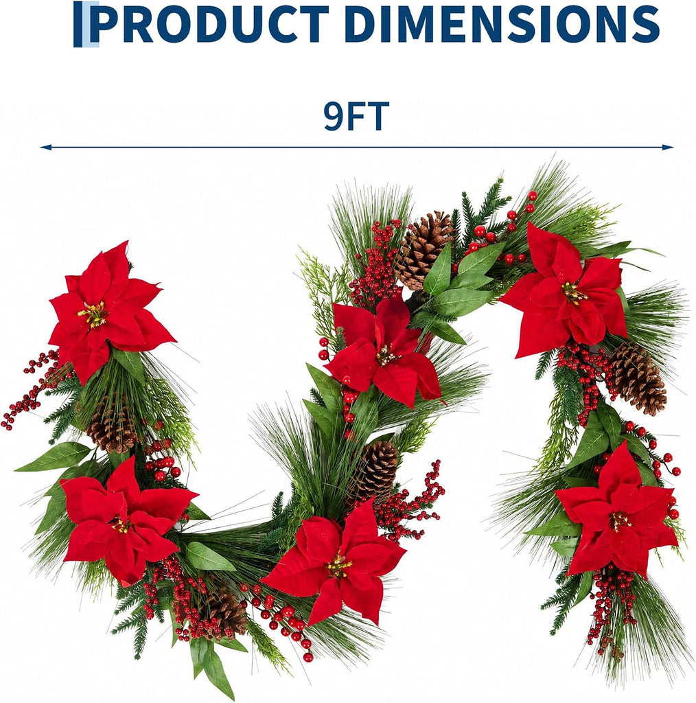 Christmas Pine Garland with Red Poinsettias, Pine Cones & Berries