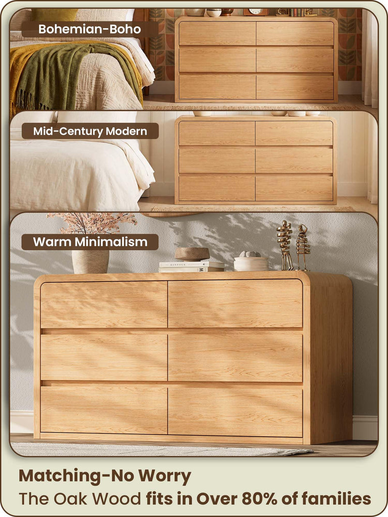 Modern 54" Wide 6 Drawers Dresser with Curved Profile Design, Oak