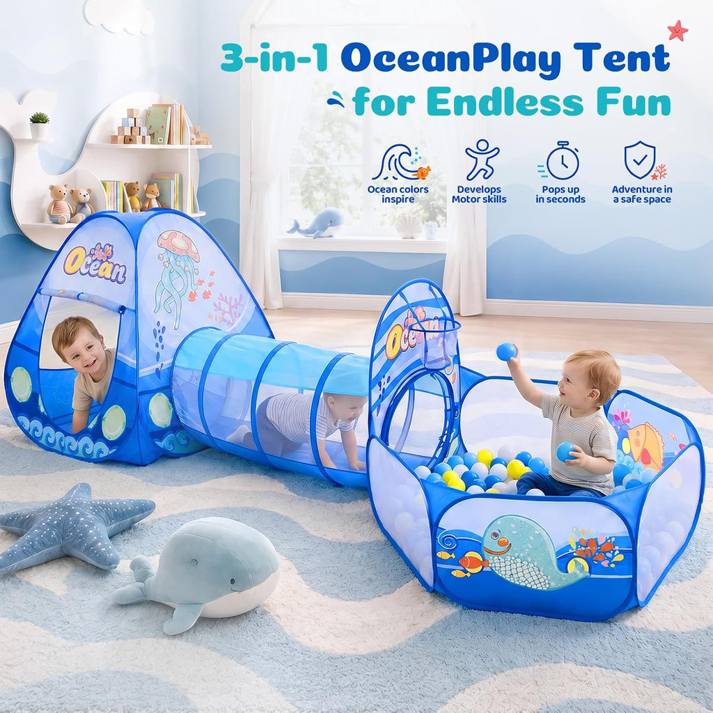 3 in 1 Kids Play Tent with Tunnel, Ball Pit, Basketball Hoop for Boys & Girls, Toddler Pop Up Playhouse Toy Baby
