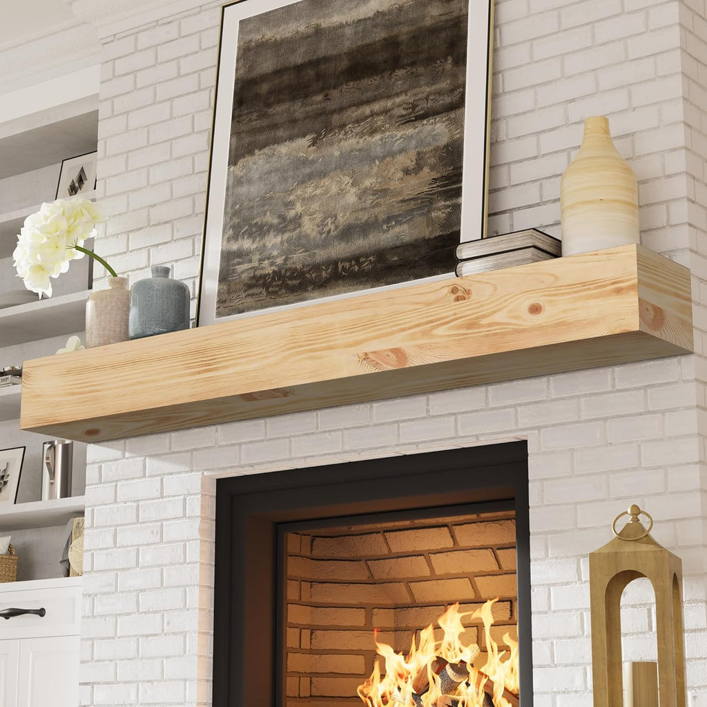 Handcrafted Wood Mantles for Over Fireplace - Wall Mounted Shelf - Floating for Living Room Decor - 72 Inch - Natural