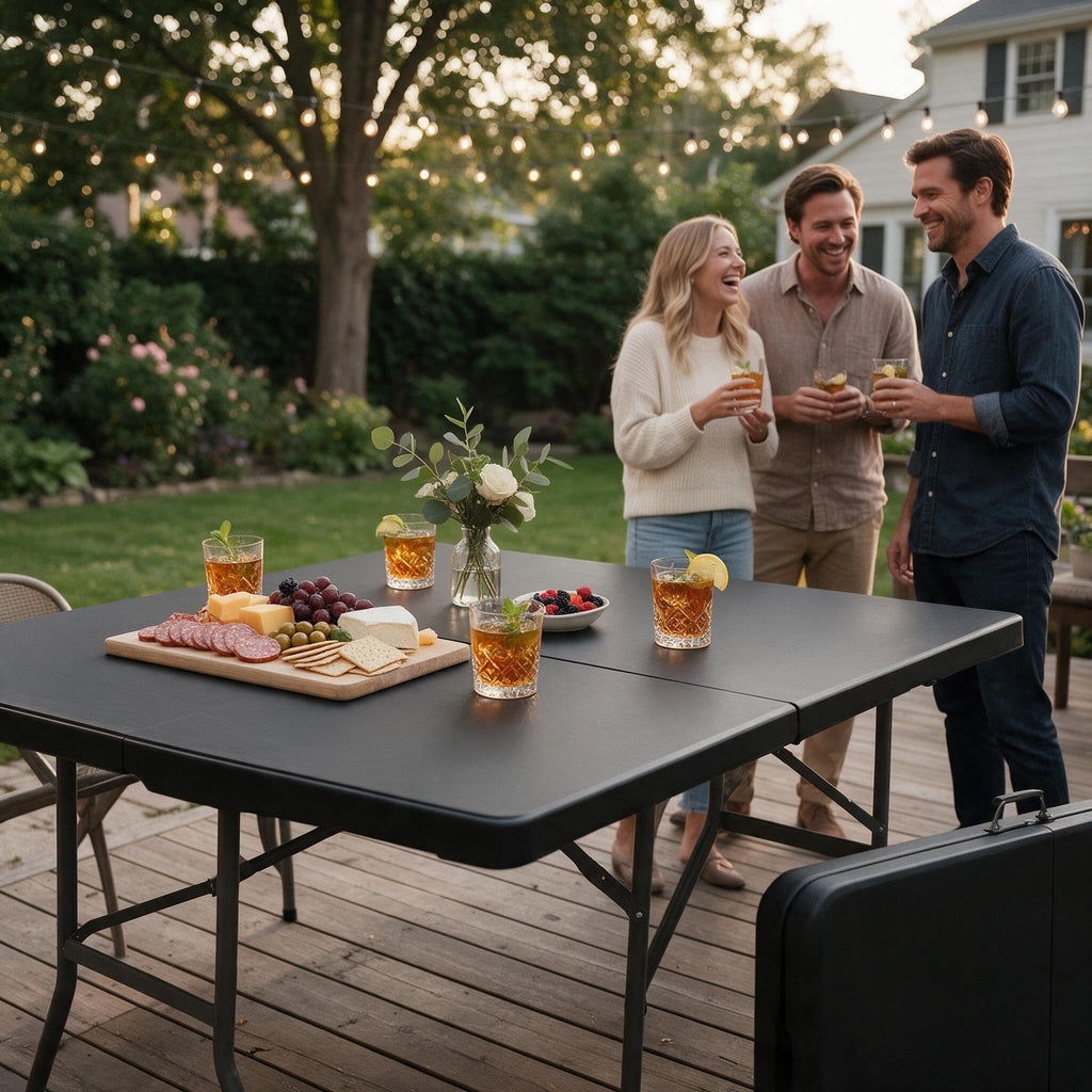 8 FT Folding Table with Built-in Handle and Steel Legs Black
