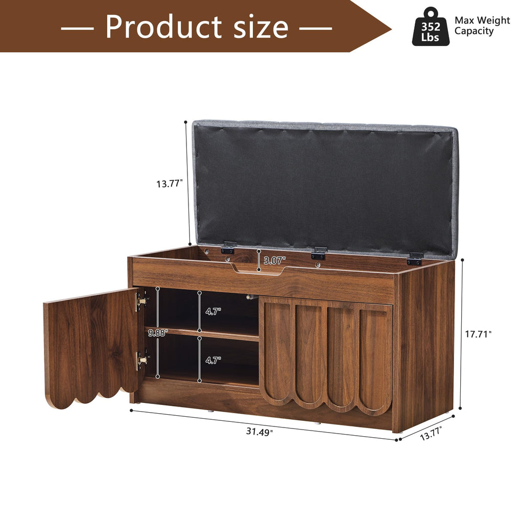Shoe Storage Bench with Cushion, Entryway Shoe Cabinet Bench with 2 Scalloped Doors & Adjustable Shelf, 2-Tier Shoe