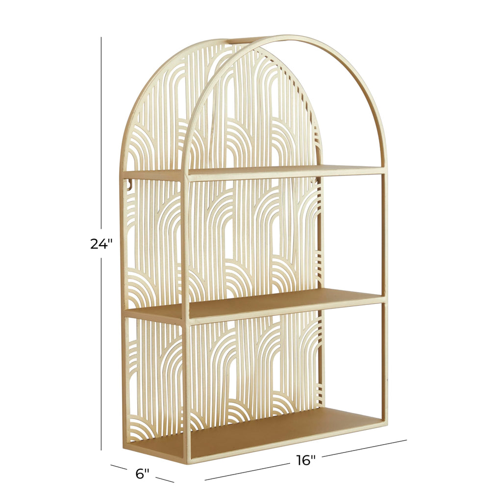 Metal Geometric Rounded 3 Level Wall Shelf with Arch Pattern, 16" x 6" x 24", Gold