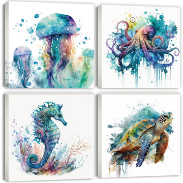 Watercolor Octopus Seaturtle Seahorse Jellyfish Wall Art Beach Bathroom Decor Sea Animal Canvas Pictures Living Room
