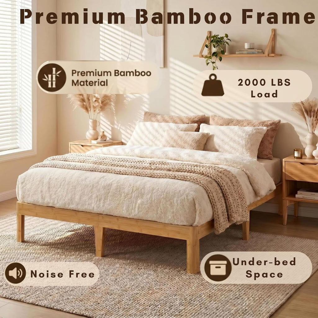 12 inch Bamboo Solid Wood Queen Bed Frame Apartment