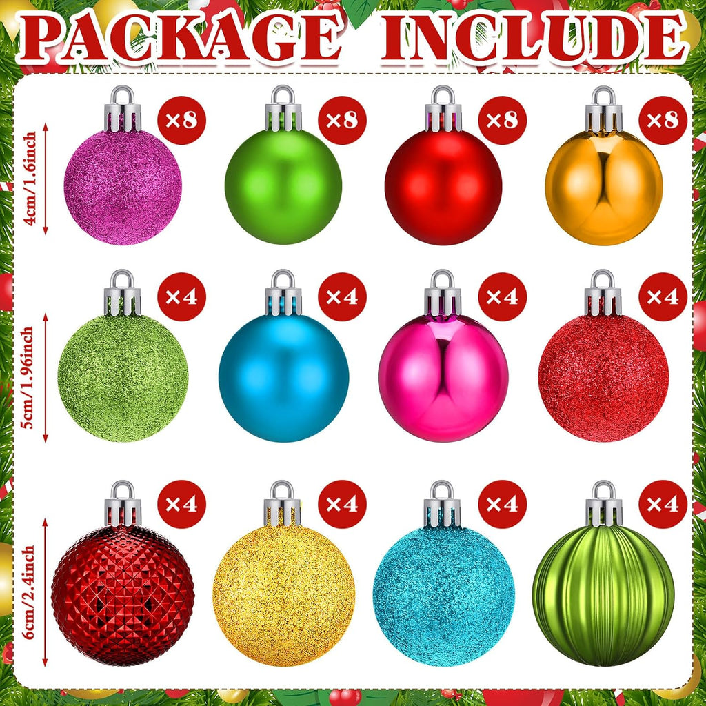 Neon Christmas Ball Ornaments Shiny Bright Multicolor Baubles - Set of 64