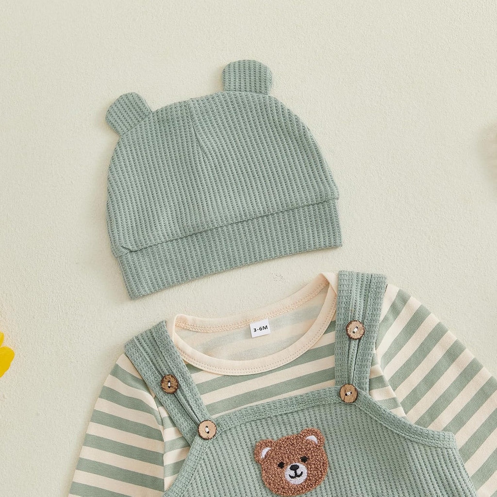 Baby Boy Clothes Infant 3pcs Outfit Set Long Sleeve Striped Romper Bear Embroidery Overall Suspender Pants Hat Sets
