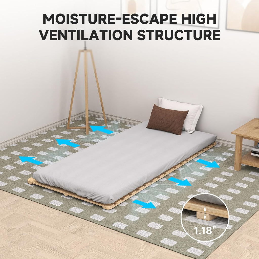 Foldable Floor Bed Frame, Solid Wood Slat Base for Futon Mattress