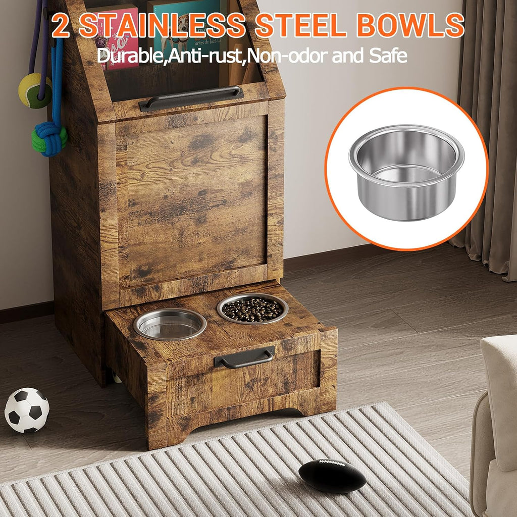 Top Opening Dog Feeding Station, Wooden Dog Food Storage Cabinet with 2 Elevated Dog Bowls, 3 Hooks, Hidden Design