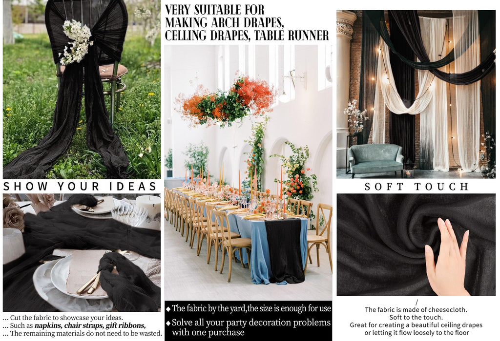Black Wedding Gauze Cheesecloth Fabric, 10 Yard Cheesecloth Arch Draping Ceiling Drape Table Runner Fabric, DIY