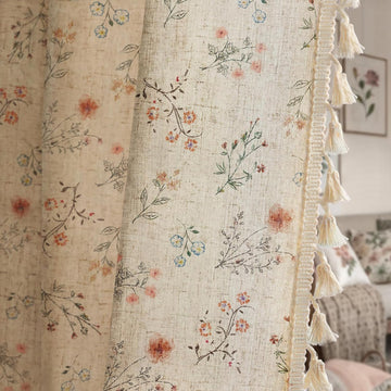 Boho Floral Spring Semi Sheer Curtains 84 Inch Length 2 Panels Set, Linen Texture Farmhouse Light Filtering Curtains