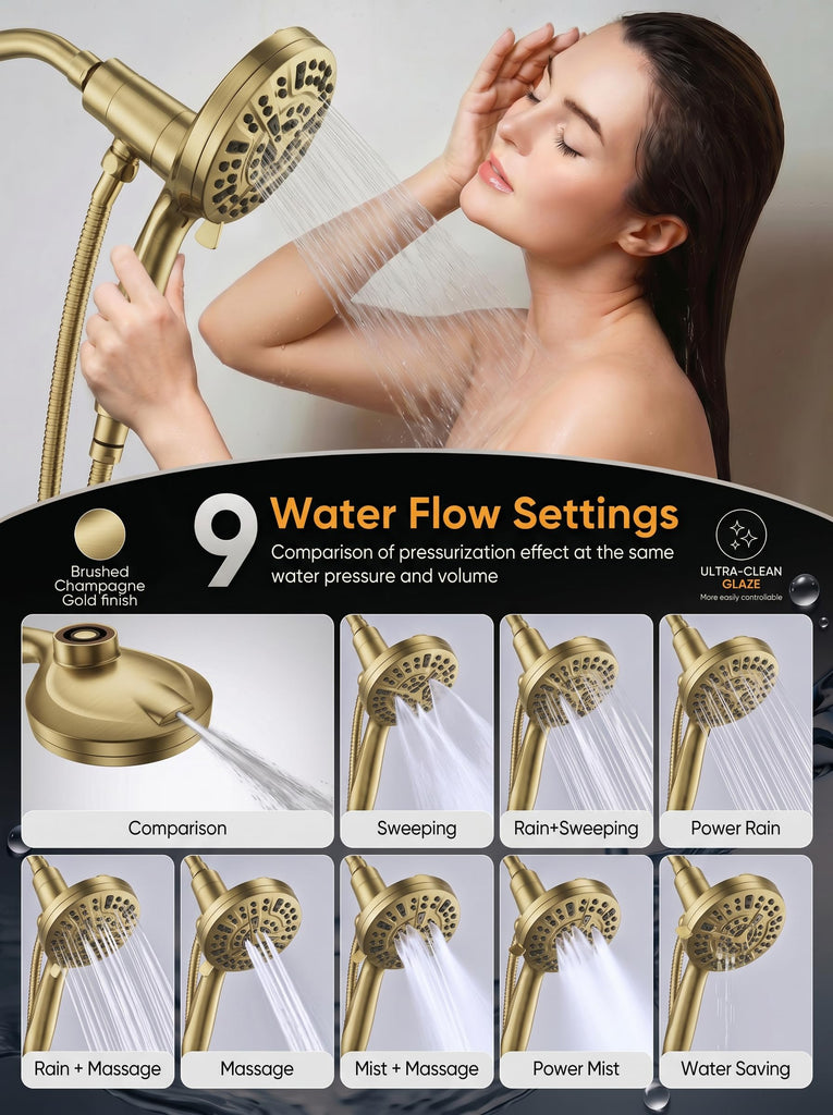 High Pressure Handheld Shower Head Brushed Gold- Anti-clog Nozzles, Built-in Power Wash to Clean Tub, Wall & Overhead