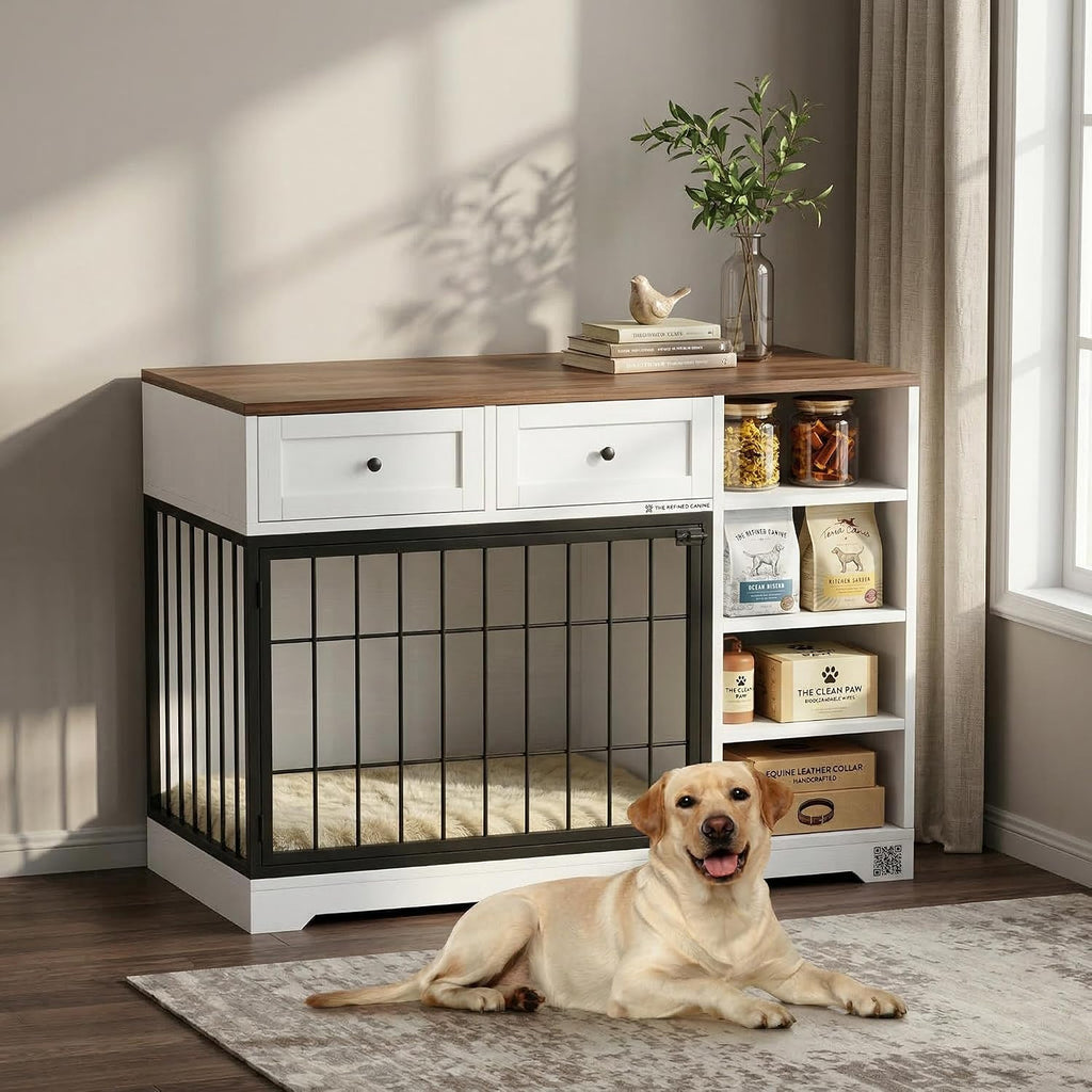 Dog Crate Furniture, Wooden Dog Crate End Table with Storage Drawers, Two-Door Dog Kennel Furniture for Small Dogs