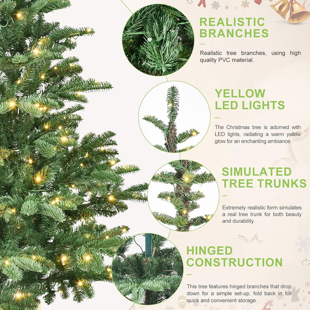 Prelit Artificial Christmas Tree, PE & PVC Pre Lit Hinged Xmas Tree with 500 Warm White Lights & 1307 Branch