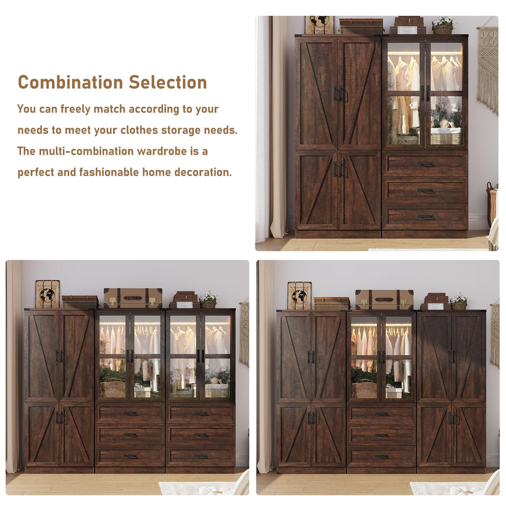 75" Tall Farmhouse 2 Doors Armoire Wardrobe Closet with LED, Freestanding Closet Wardrobe Cabinet with Hanging