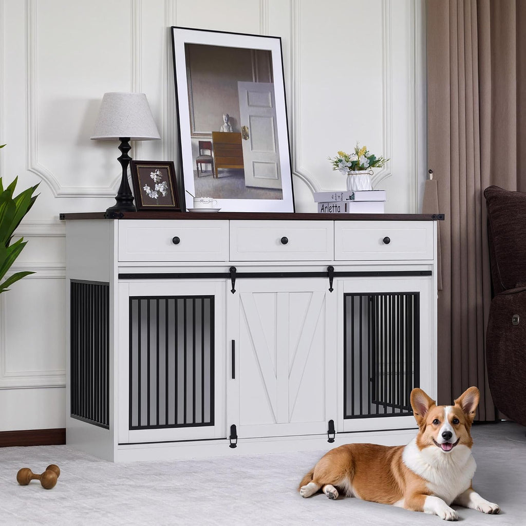 Dog Crate Furniture, Wooden Large Dog Kennel with Barn Door and 3 Drawers, 55.1 inches Length Pet Crate Indoor
