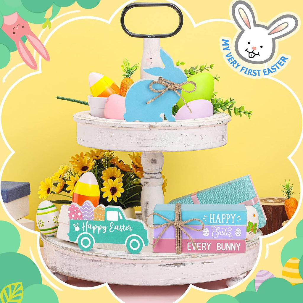Easter Tiered Tray Decor Happy Easter Table Decorations Farmhouse Wooden Bunny Egg Truck Sign 3 Faux Books - Set of 5
