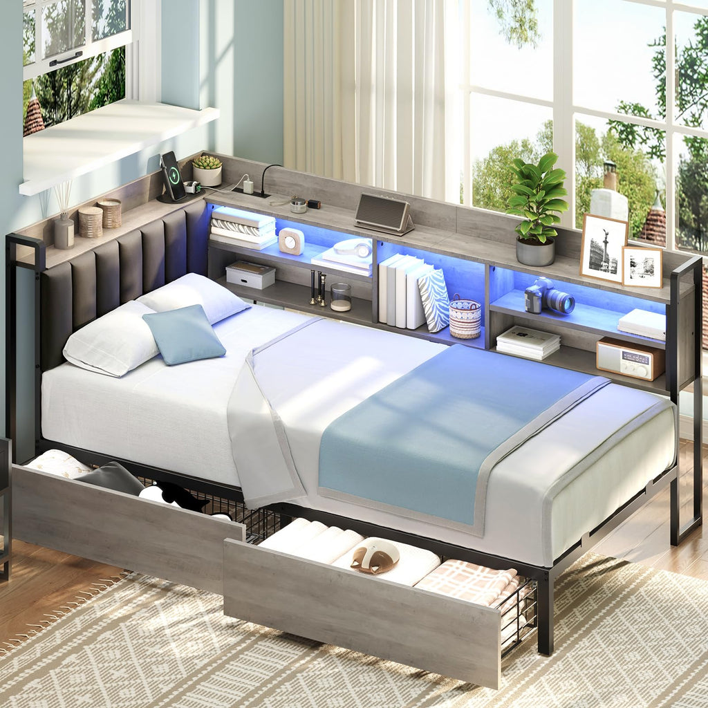 Twin Corner Bed Frame with Bookcase Storage and PU Upholstered, Twin Daybed with 2 Drawers and Charging Station