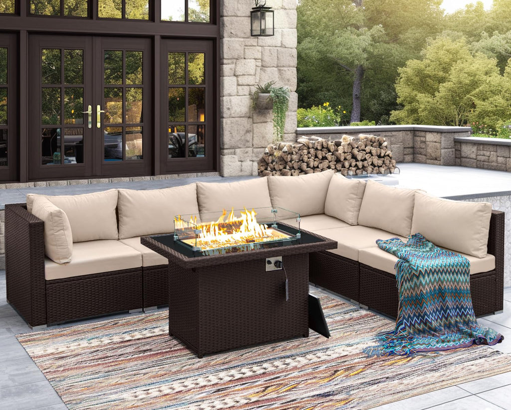 7 Piece Outdoor Patio Furniture Set with Fire Pit Table Natural Gas & Propane Convertible, 29.3'' High Backrest Deep
