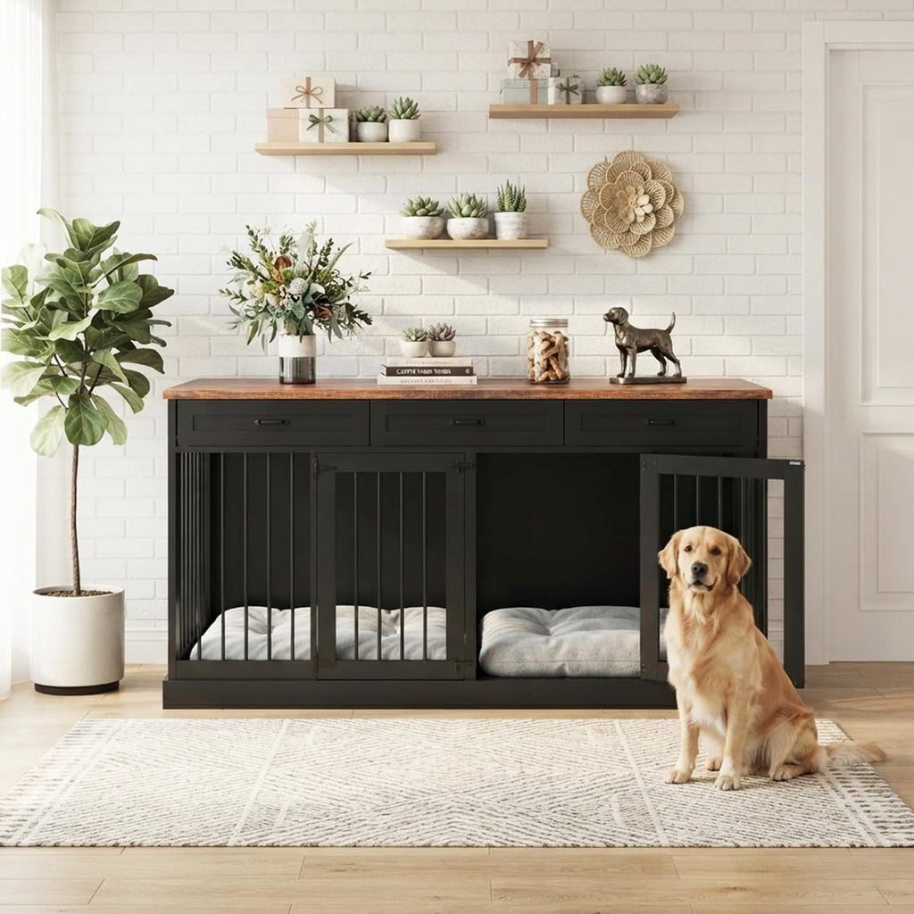 71" Double Dog Crate Furniture TV Stand with Removable Divider & 3 Drawers