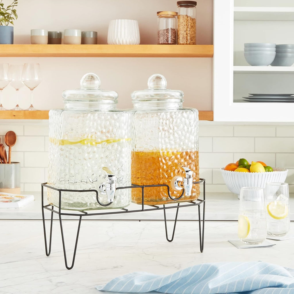 Premium Glass Drink Dispensers with Metal Stand for Parties - Beverage Dispenser Set for Cold Drinks, Lemonade