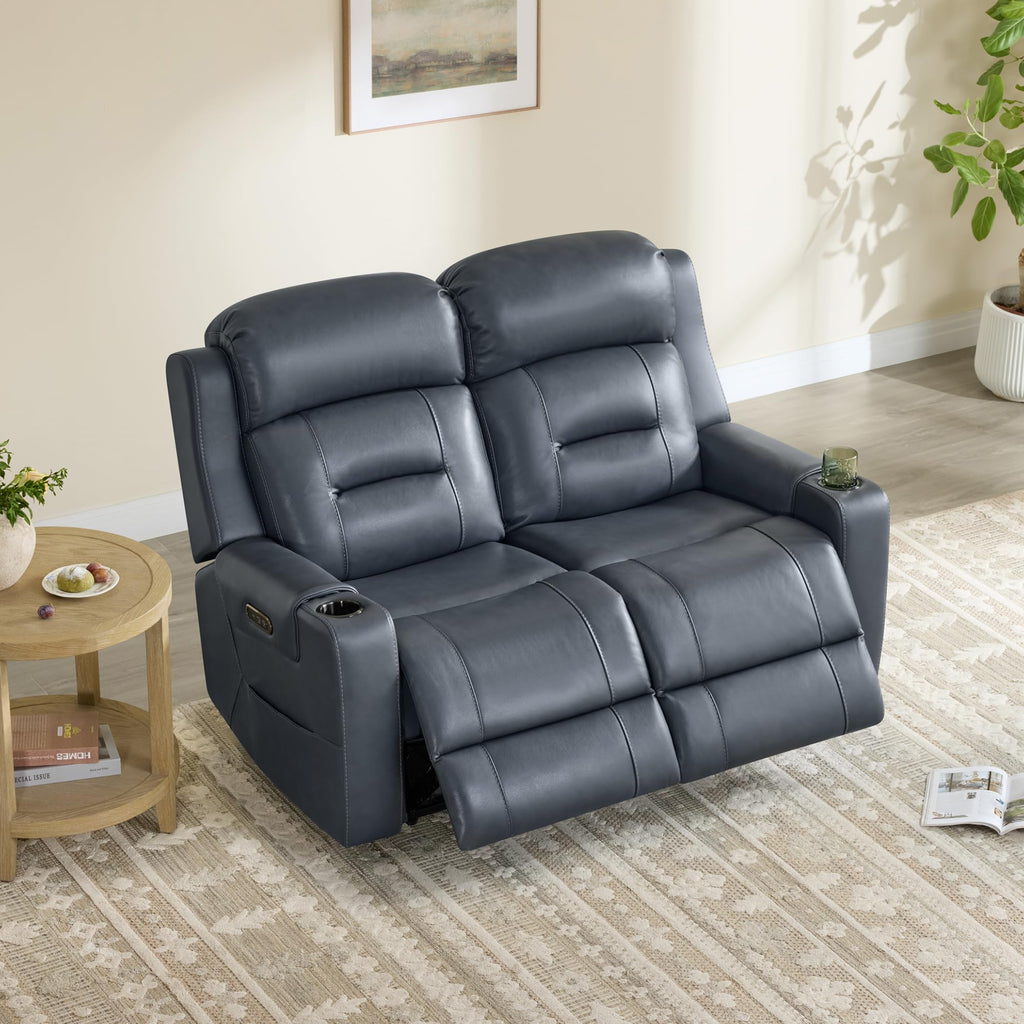 Genuine Leather Lay Flat Power Reclining Loveseat, Navy