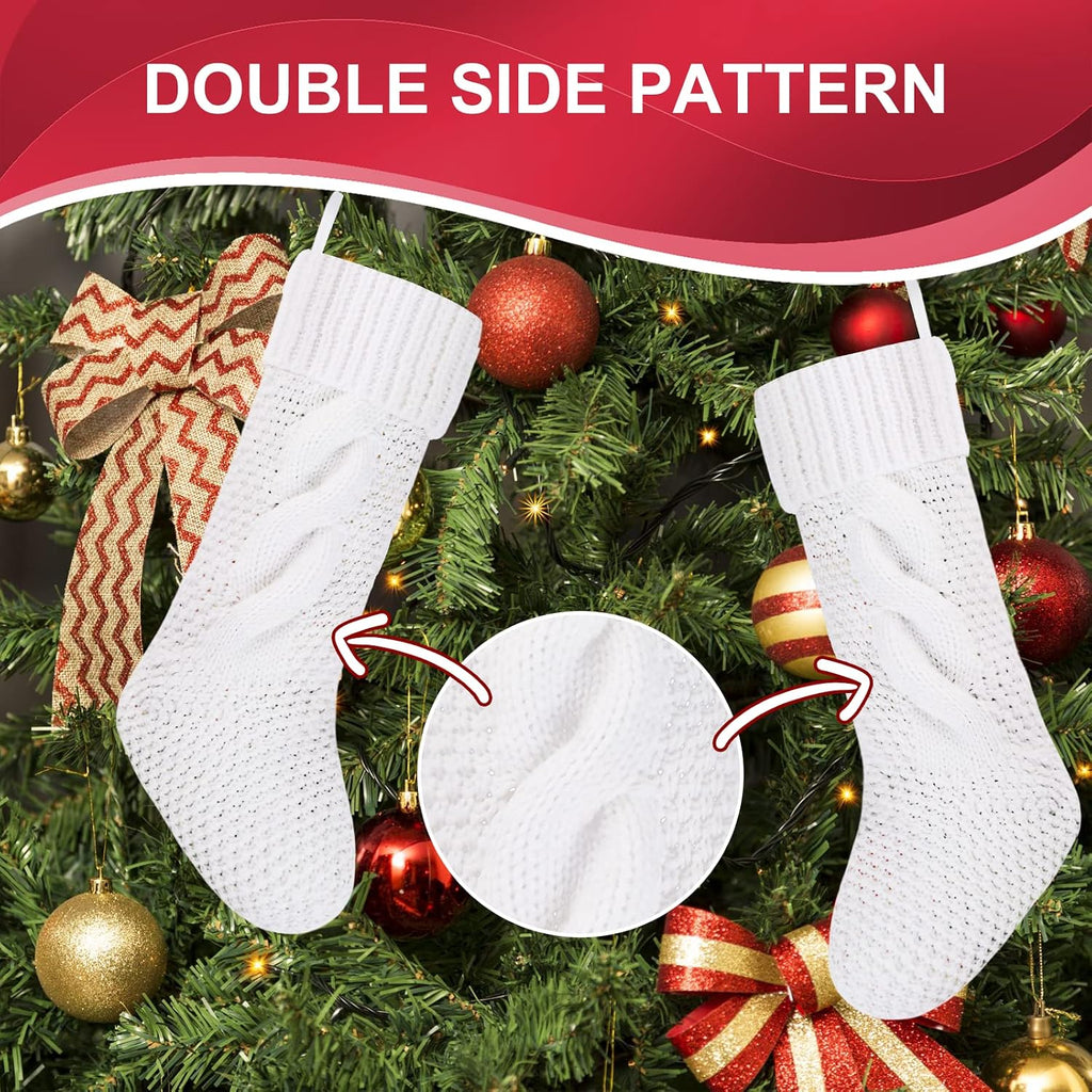 Christmas Stockings Bulk, 18 Inch White and Blue Cable Knitted Stockings for Xmas Holiday Decoration, 4 Pack