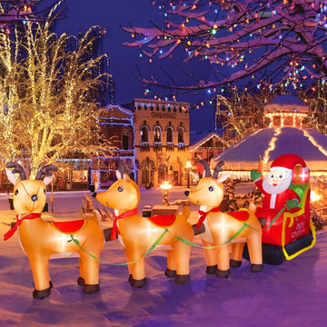 12FT Long Christmas Inflatables Outdoor Decorations, Inflatables Santa Claus on Reindeer Sleigh Built-in LED Lights