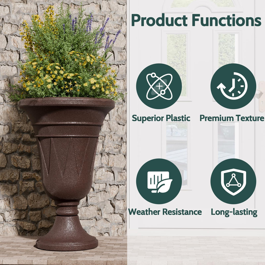 Tall Plastic Urn Planters and Pedestal - 24" Outdoor Planter Brown