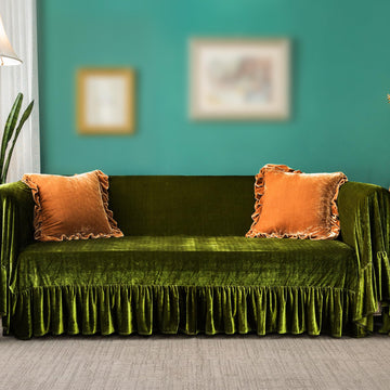 Velvet Sofa Cover Soft Decorative Luxurious Solid Exquisite Ruffle Trim, Retro Farmhouse Vintage Sofa Slipcover Couch
