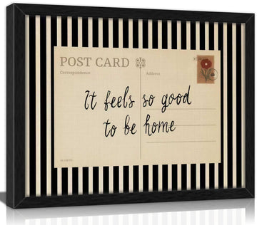 Framed 'It Feels So Good To Be Home' Postcard Wall Art, Vintage Black White Stripe Canvas Print, Rustic Farmhouse