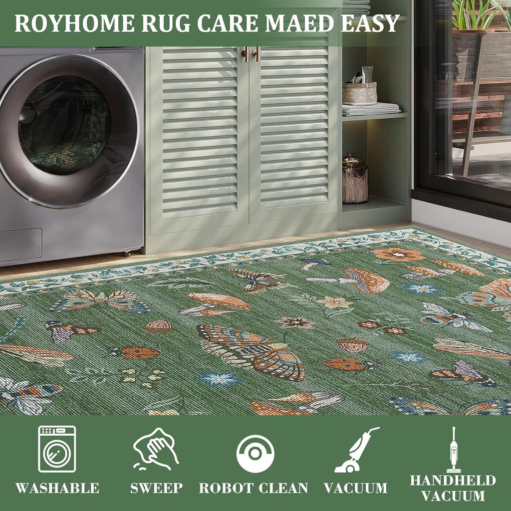 Mushroom Insect 8ft Round Rug Washable Non-Slip Soft Ultra-Thin Large Boho Circle Carpet for Entrywa