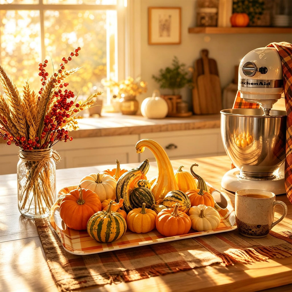 Serving Trays with Handles, Set of 2, 16 x 11.4 Inch Bamboo Fiber Rectangular Food Trays, Fall Plaid, Dishwasher Safe