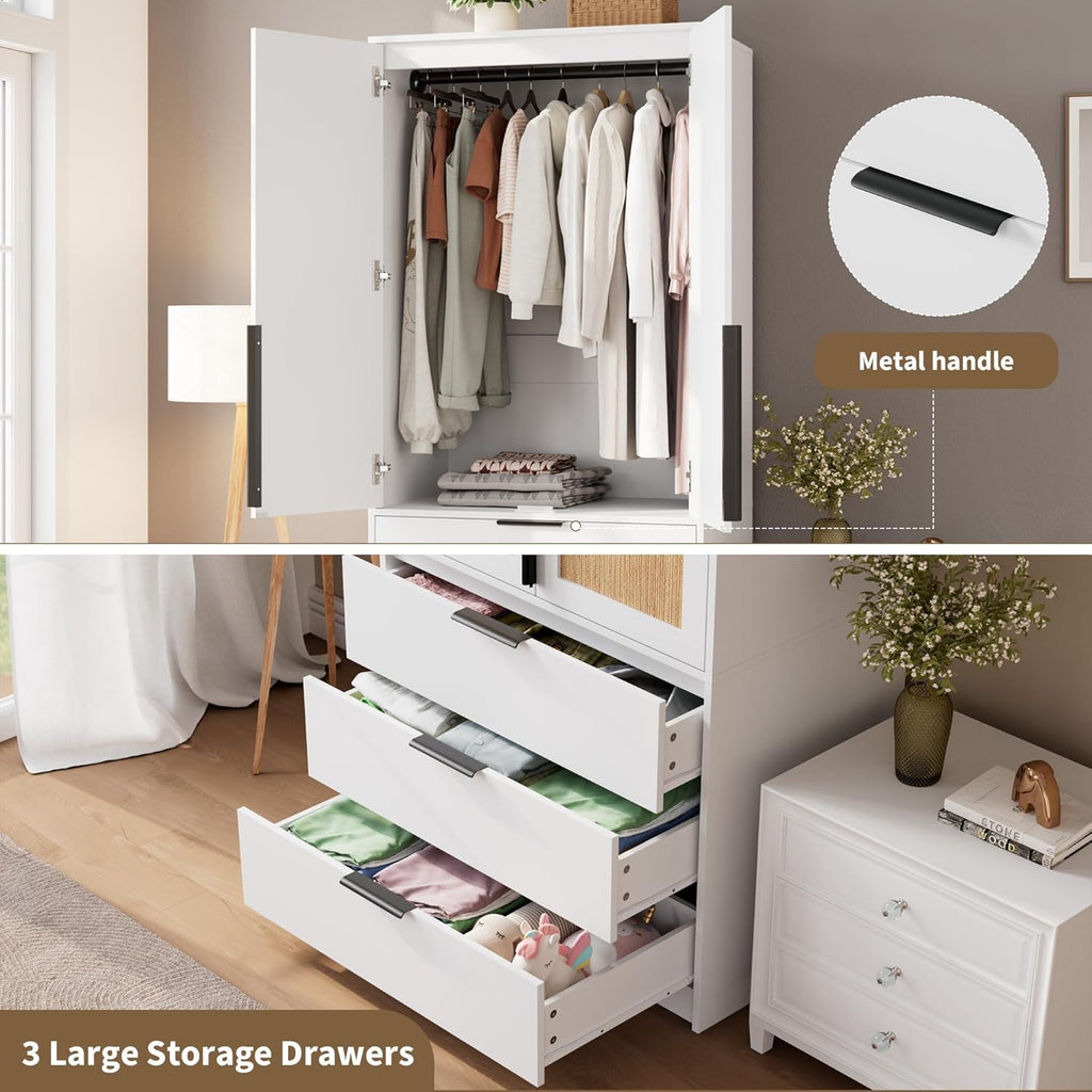 70" Wardrobe Armoire Wooden Closet with 3 Drawers, White | Bedroom Armoire with Hanging Rod Shelf, Large Capacity