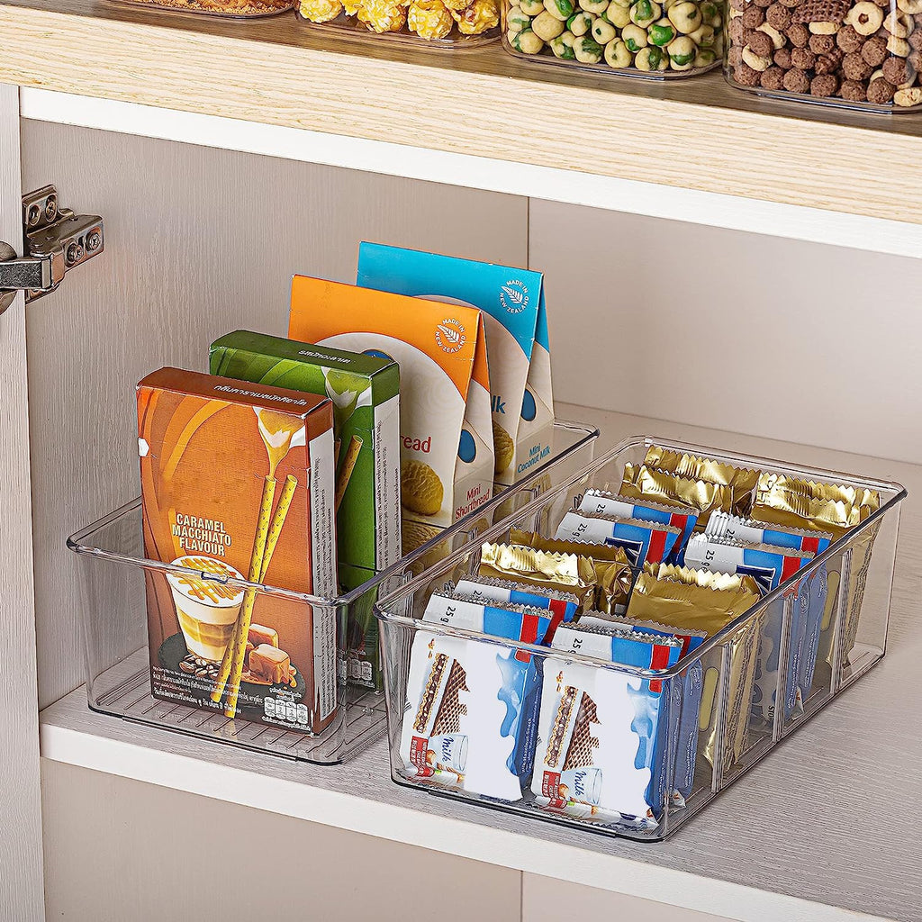 8 Pack Food Storage Organizer Bins, Clear Plastic, 4 Compartments